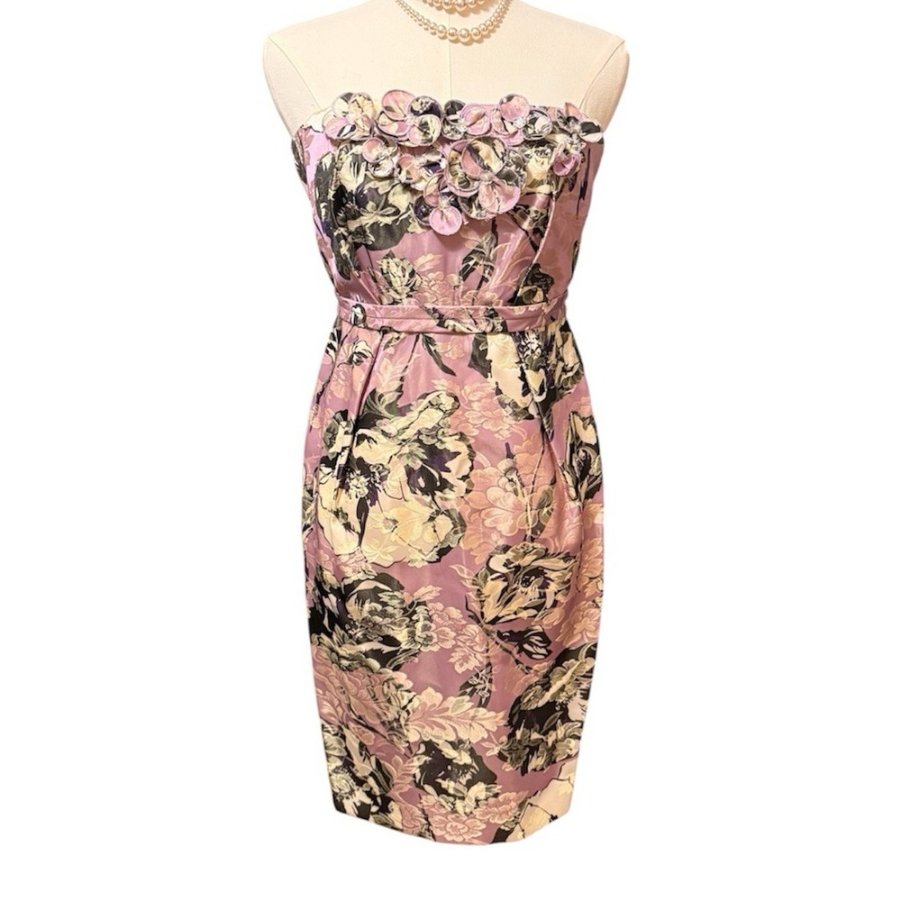 Vera Wang Lavender Label Strapless Floral Jacquard Silk Sheath Dress 0